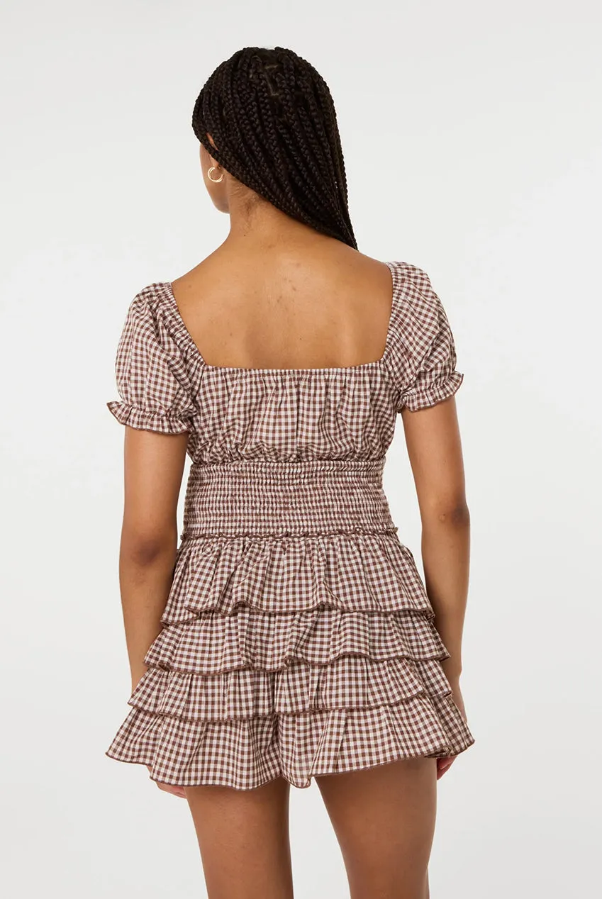 Pink Vanilla Gingham top crop cioccolato maniche sbuffo