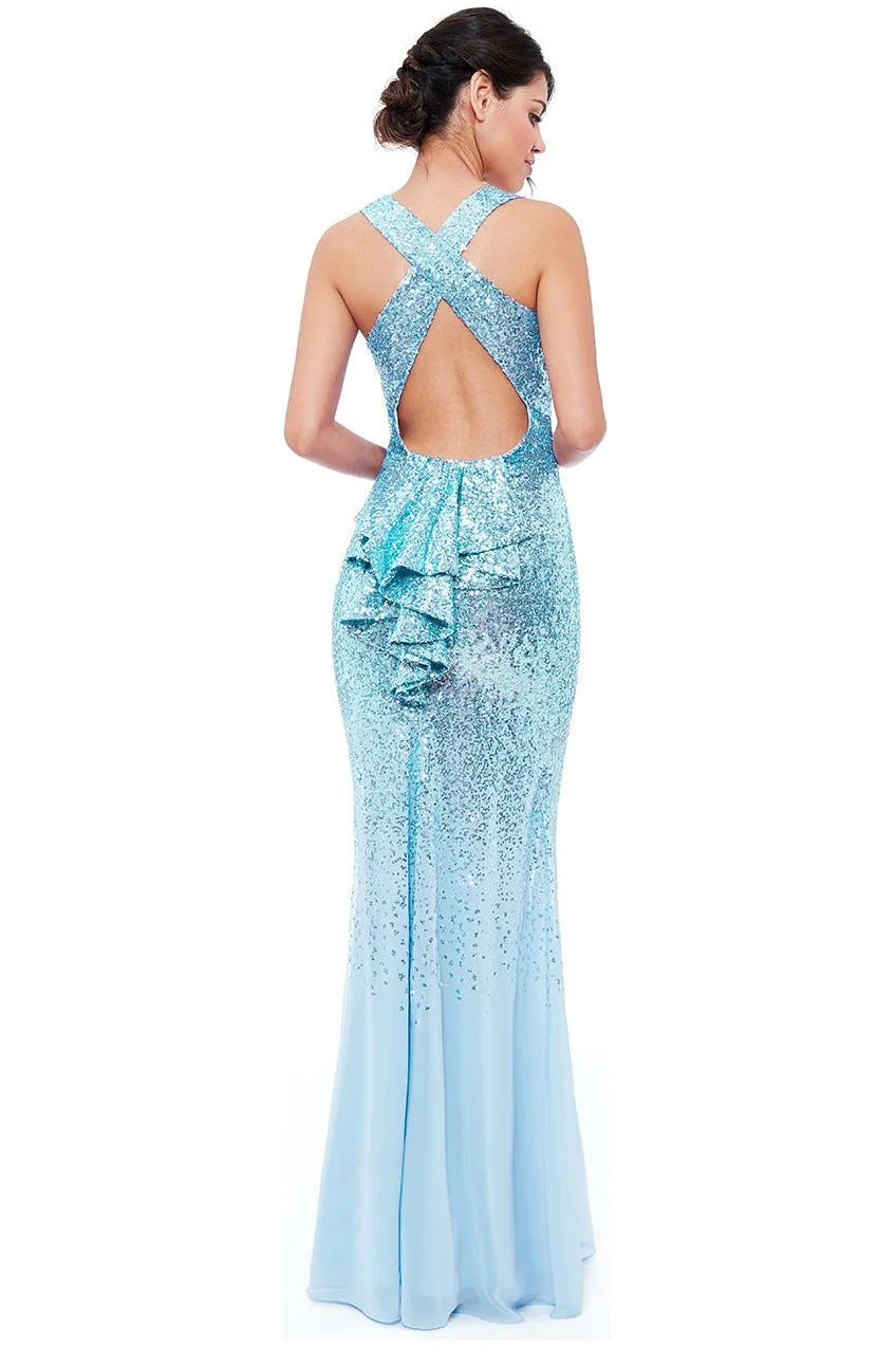 Goddiva abito maxi azzurro paillettes schiena incrociata