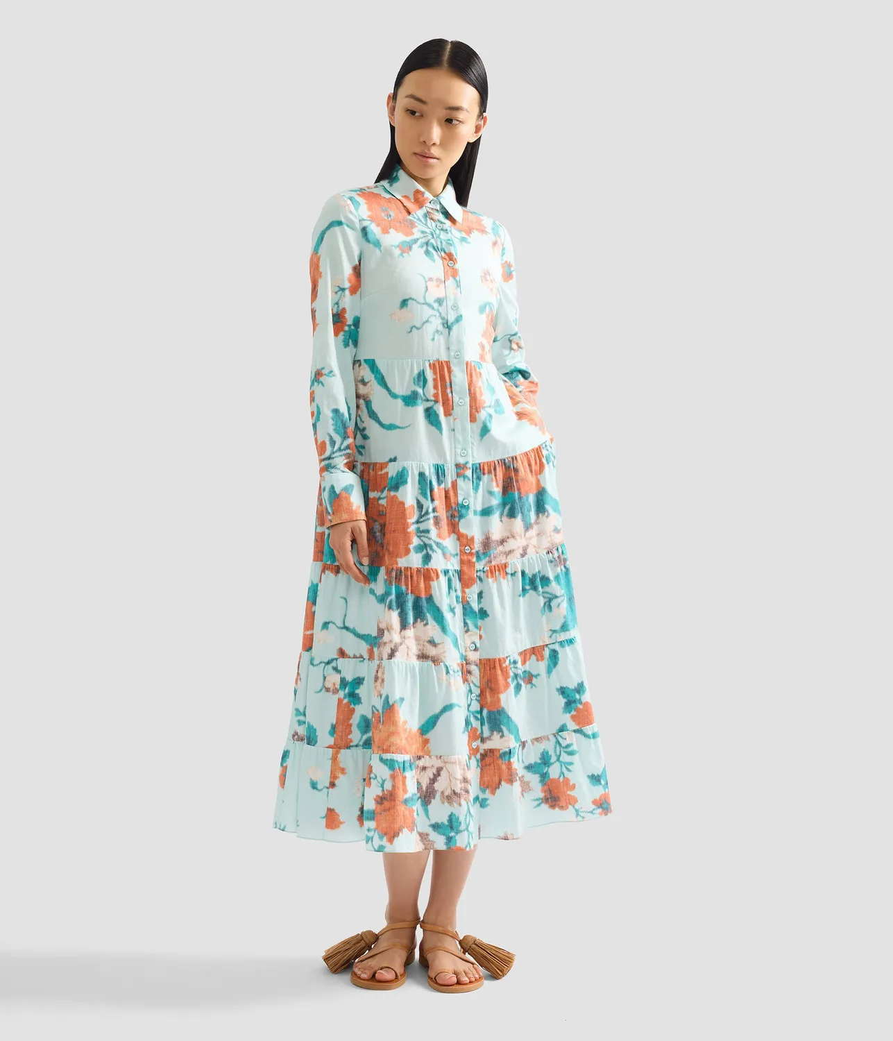 Erdem Floral Print abito camicia midi cotone blu papaveri