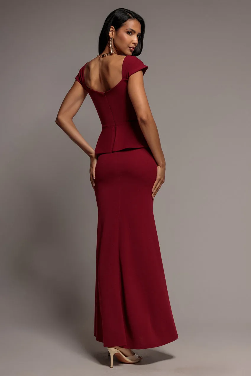 Goddiva Peplum Scuba abito maxi bordeaux scollo cuore sirena