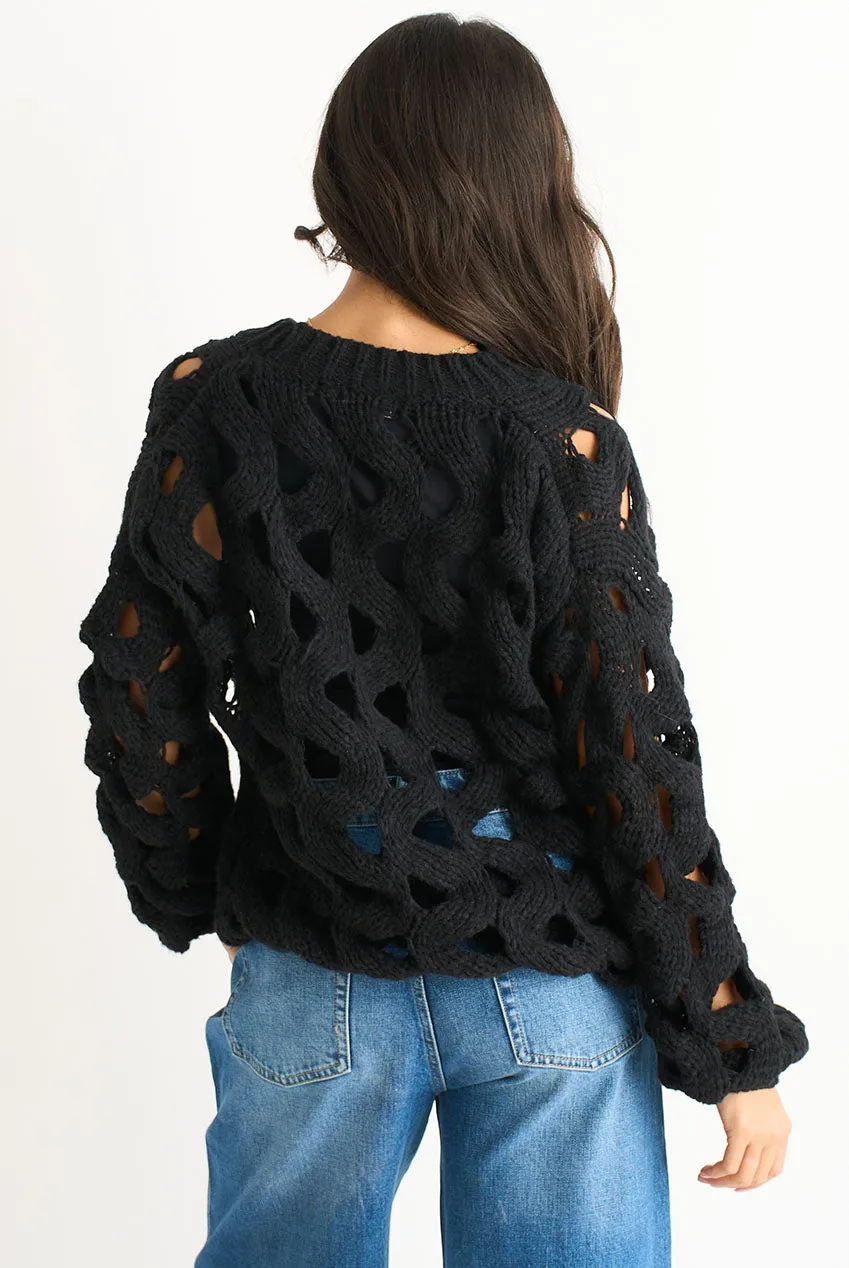 Gini London cardigan nero traforato chunky in maglia