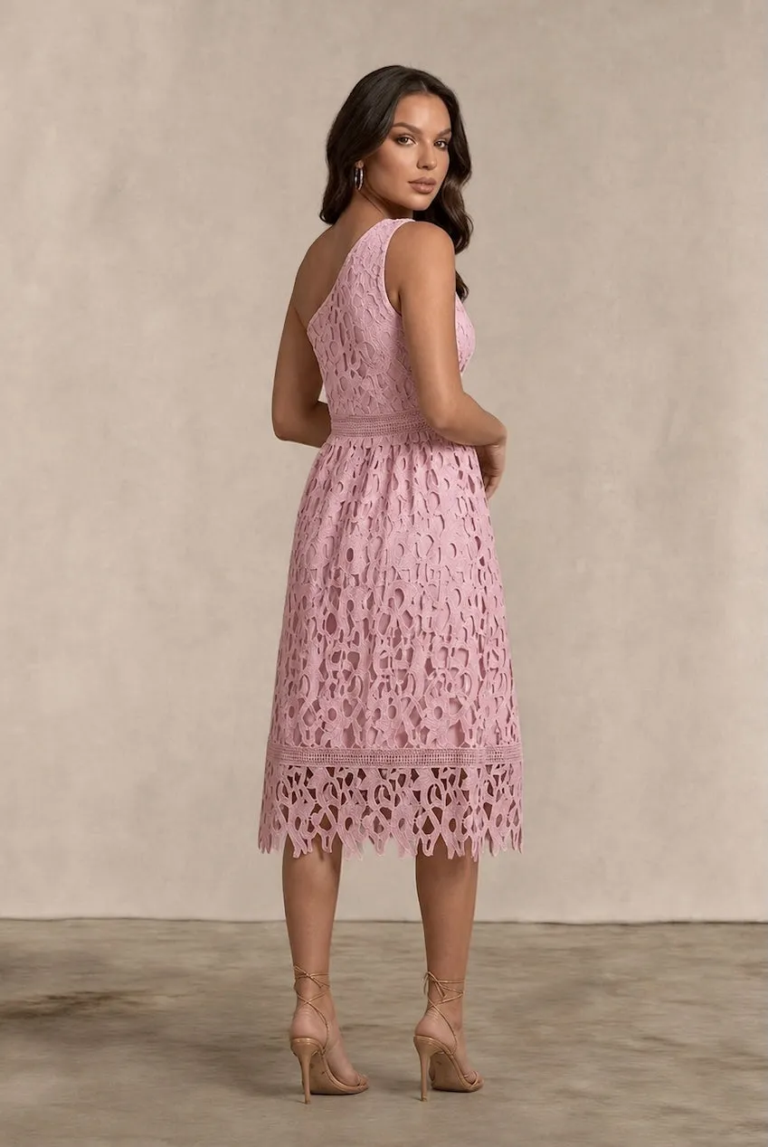 Chi Chi London One Shoulder abito midi pizzo rosa blush
