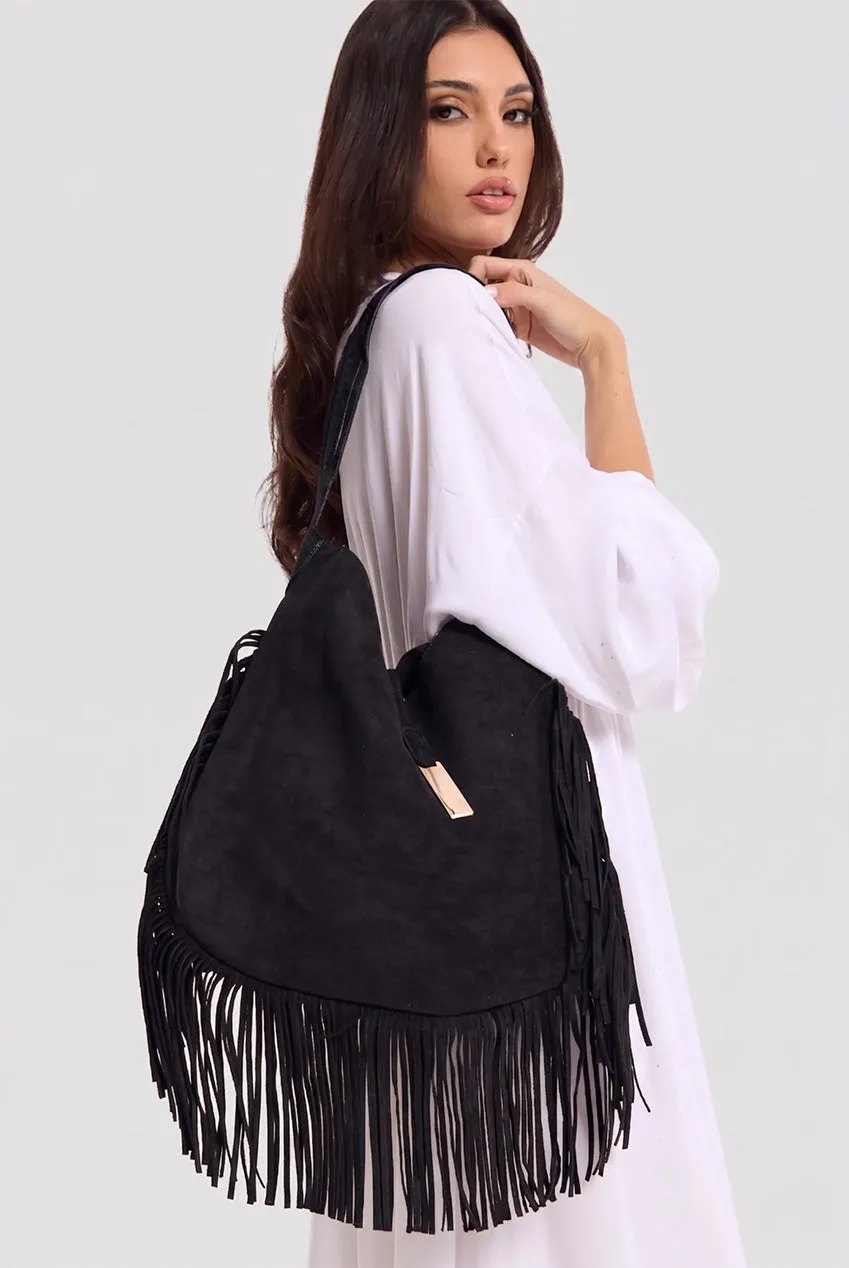 Liquorish Fringe Hobo borsa nera scamosciata con frange