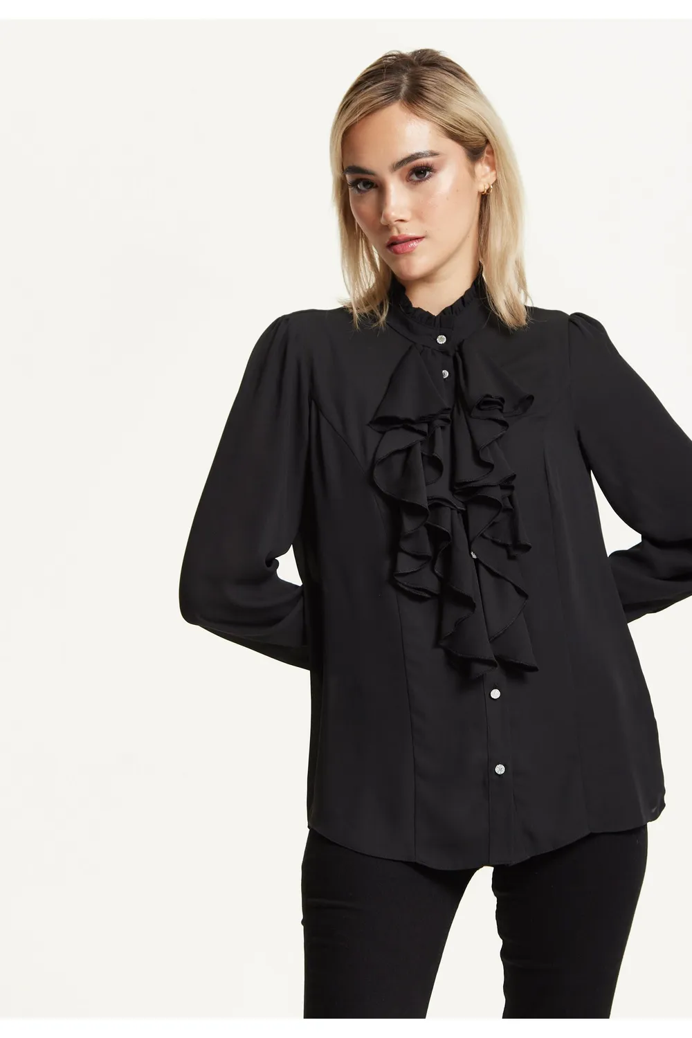 Liquorish Black Ruffle Front camicia nera volant collo alto