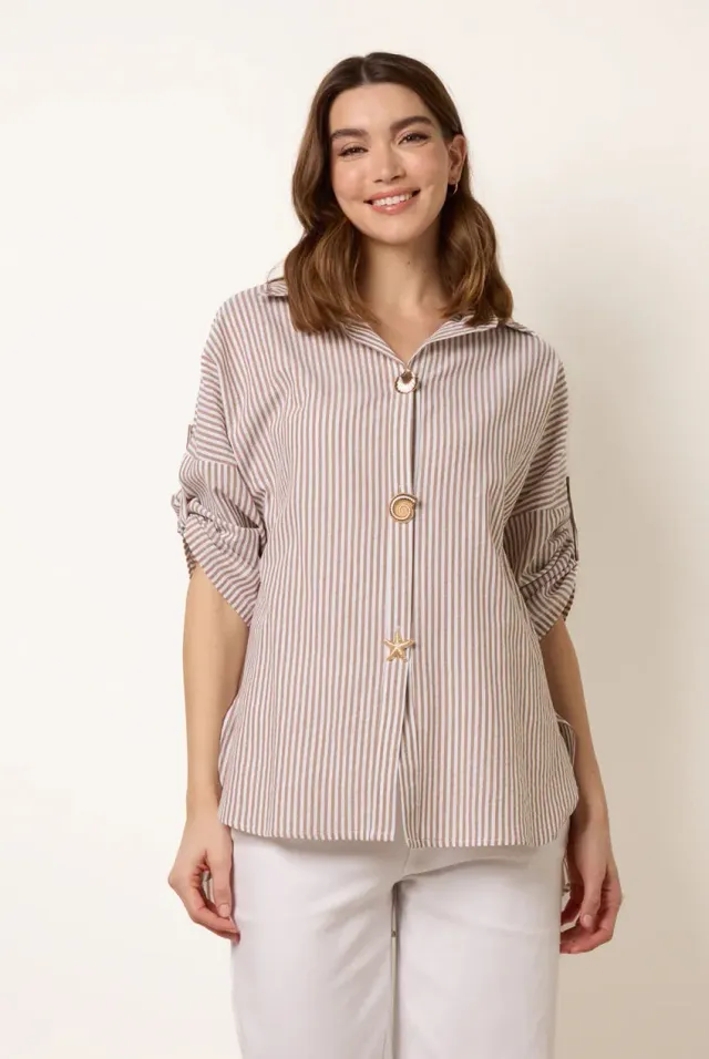 Blue Vanilla Gold Shell camicia righe bottoni taupe