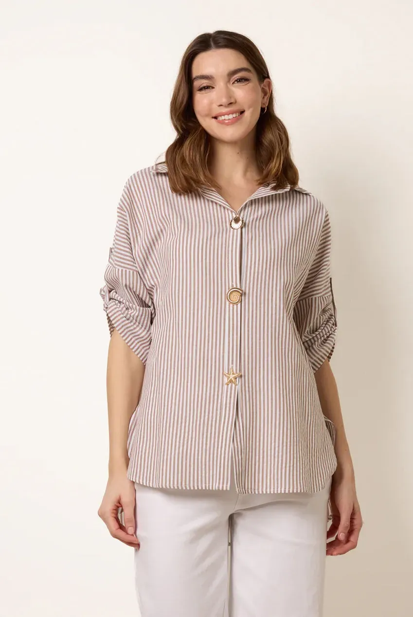 Blue Vanilla Gold Shell camicia righe bottoni taupe