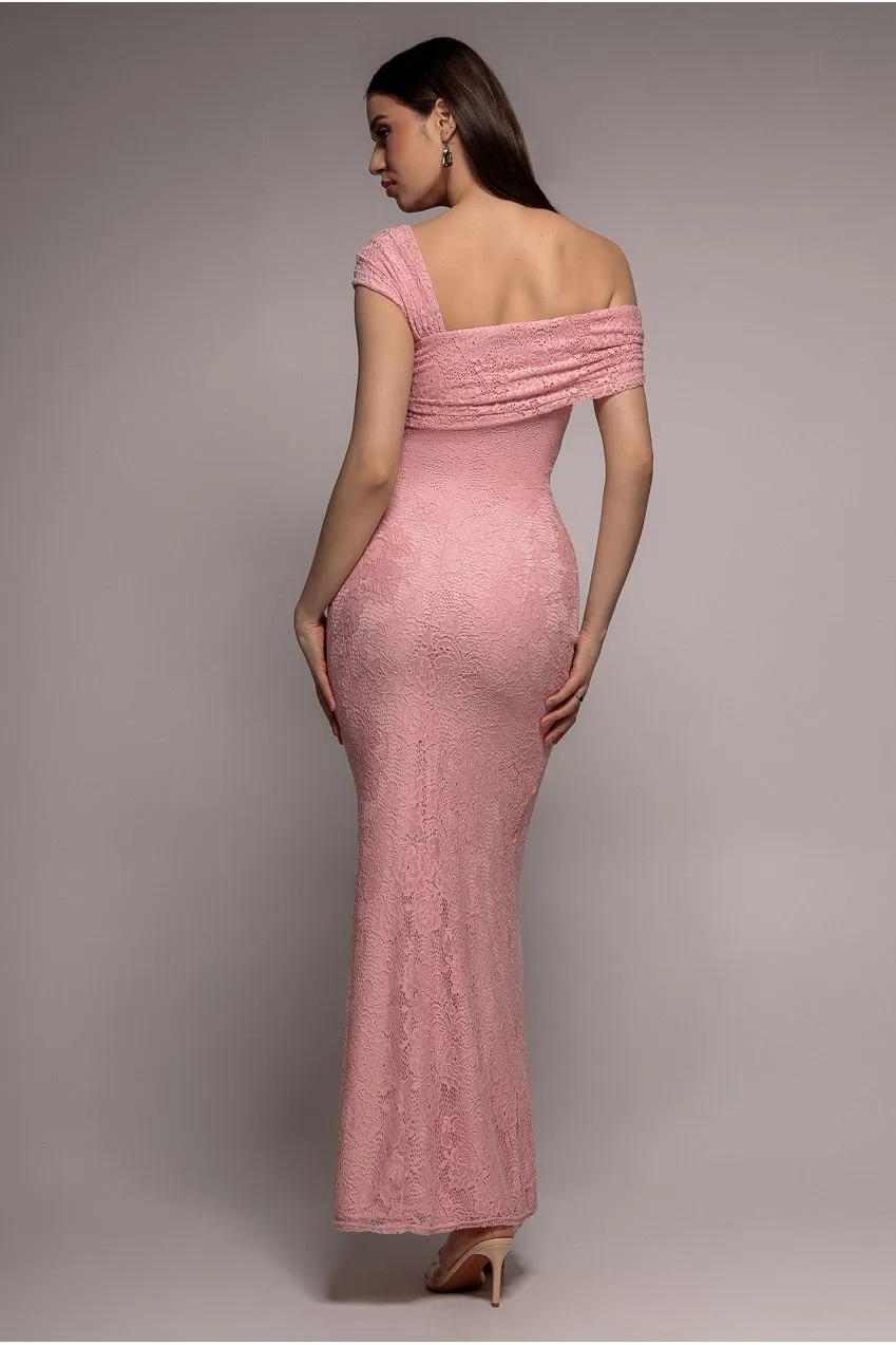 Goddiva abito maxi pizzo rosa monospalla bardot plissettato