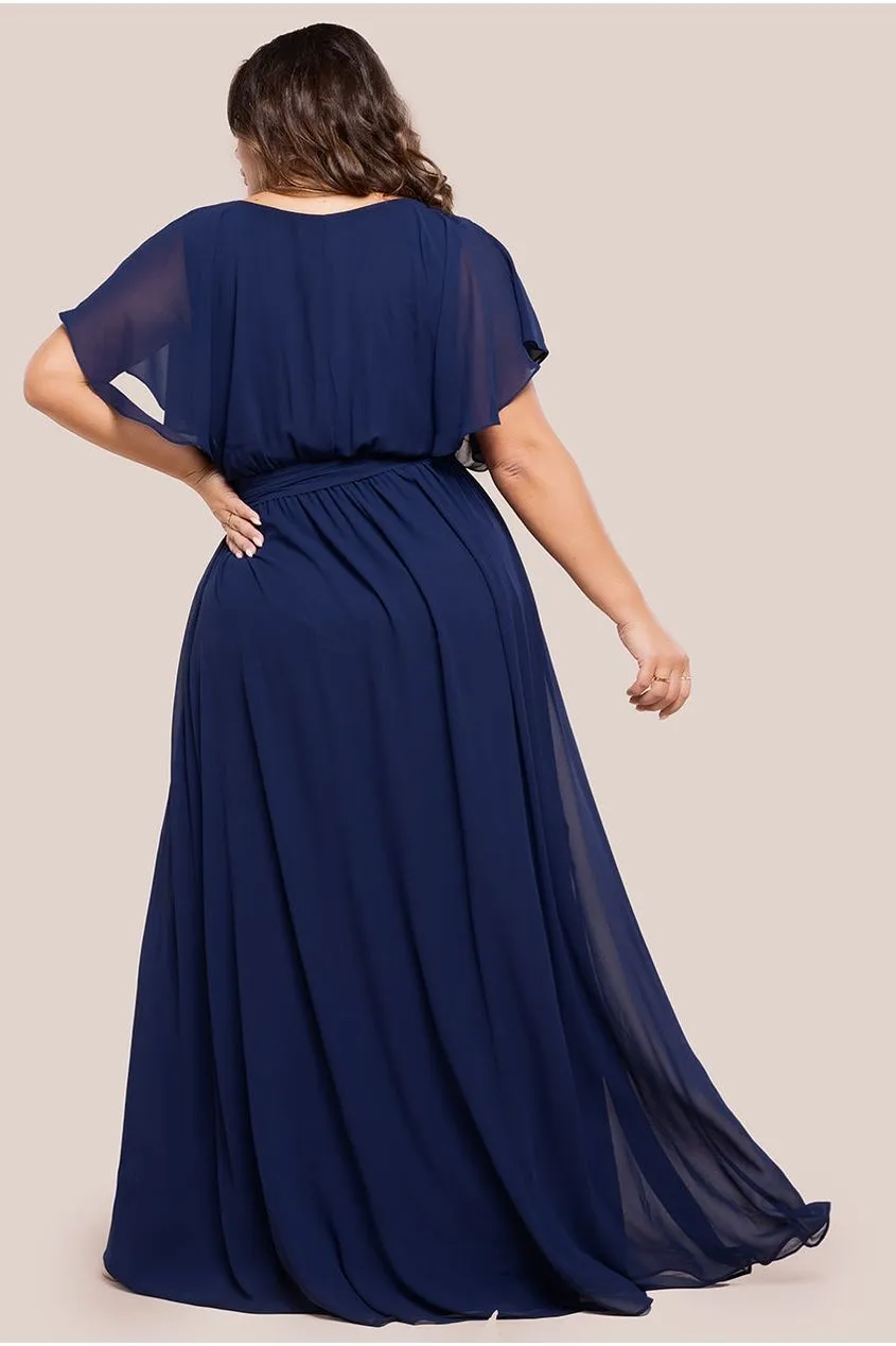 Goddiva Plus Flutter Sleeve Wrap maxi blu navy
