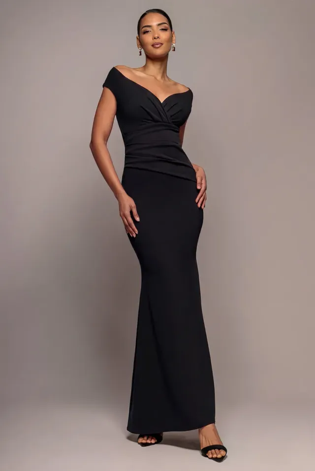 Goddiva Bardot Scuba Crepe abito lungo nero spalle scoperte