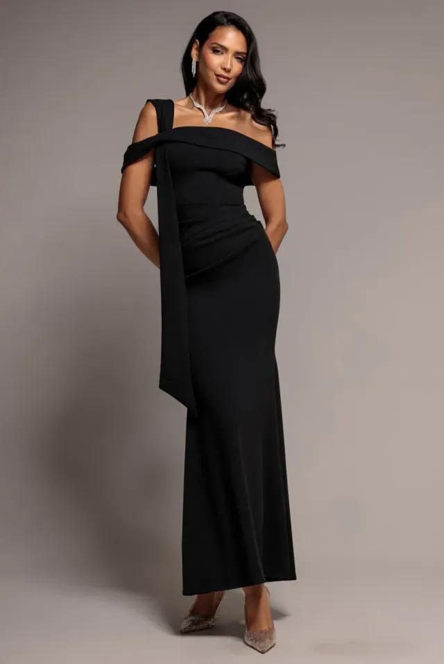 Goddiva One Shoulder Twisted abito sirena nero scuba
