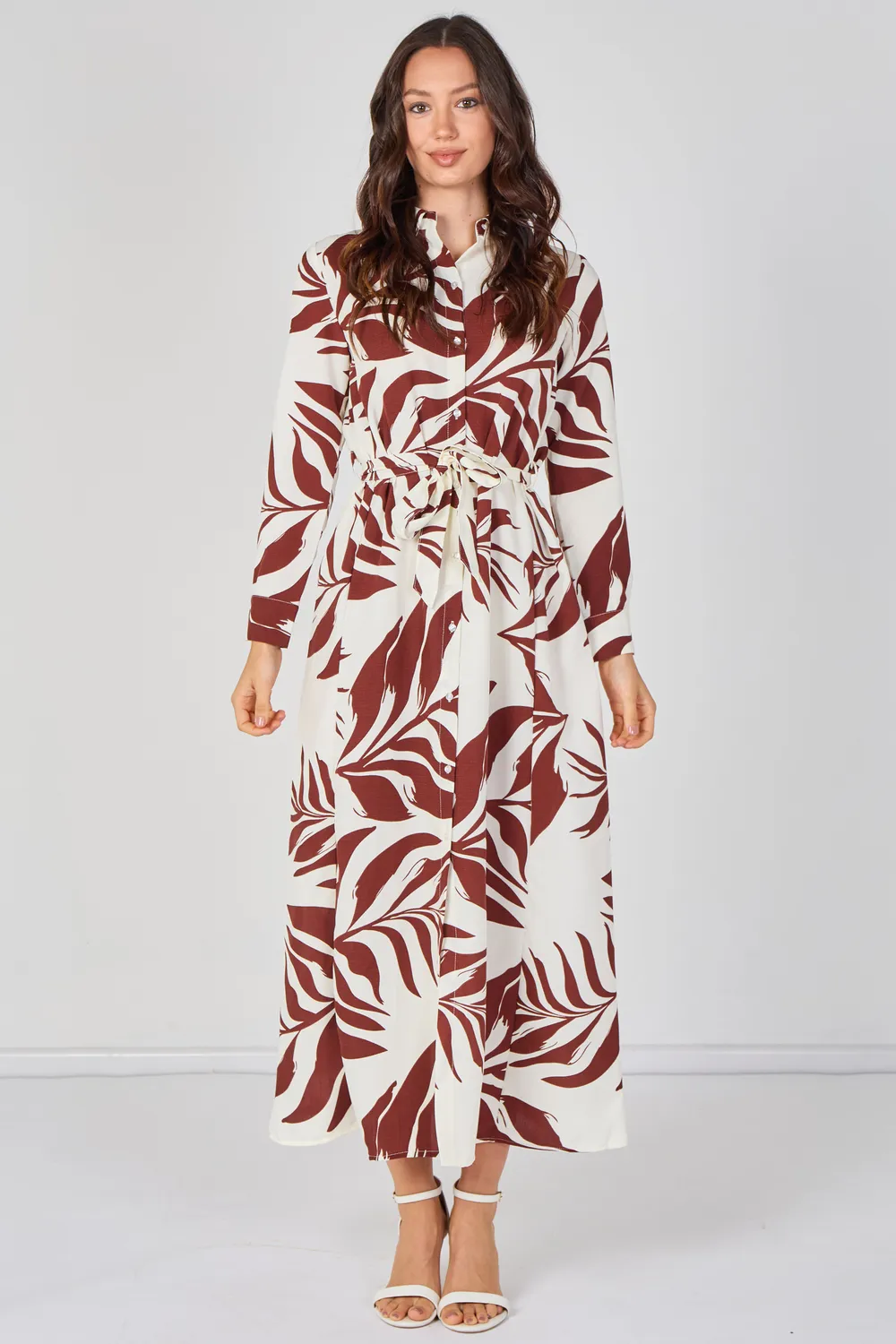 Love Sunshine Rust Palm Print abito camicia maxi vino cintura