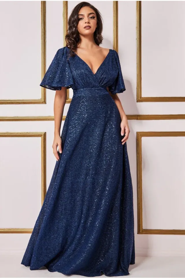 Goddiva DR3680 abito maxi lurex navy paillettes svolazzante