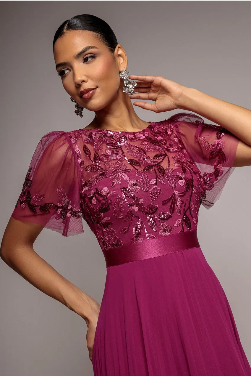 Goddiva Embroidered abito midi magenta in chiffon