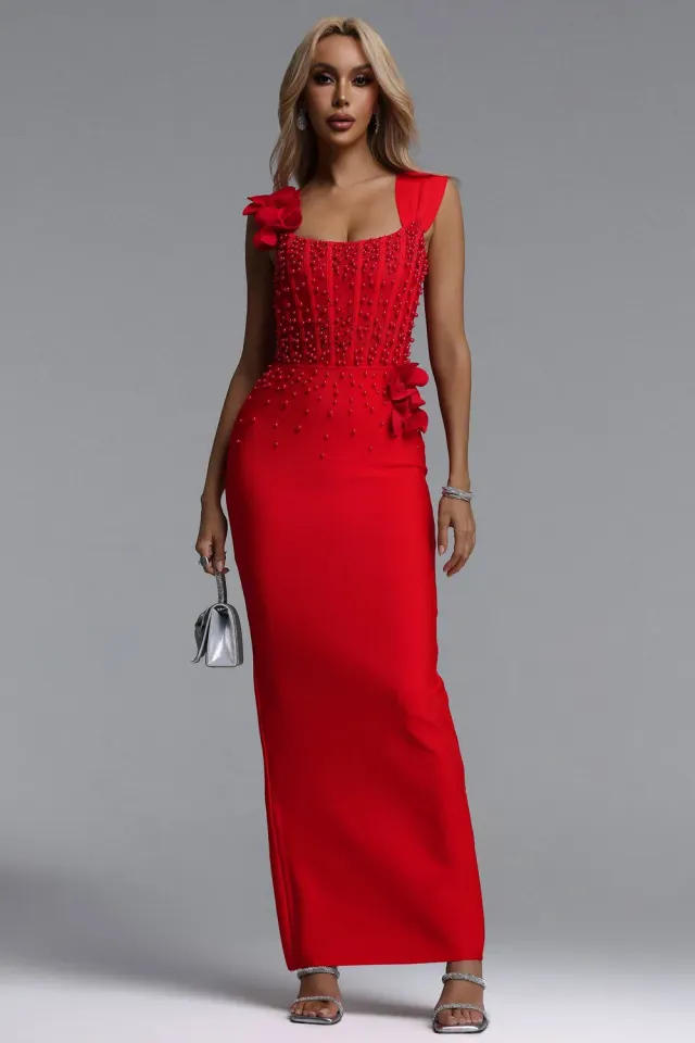 Goddiva Bella Barnett Oria abito maxi rosso scollo quadrato