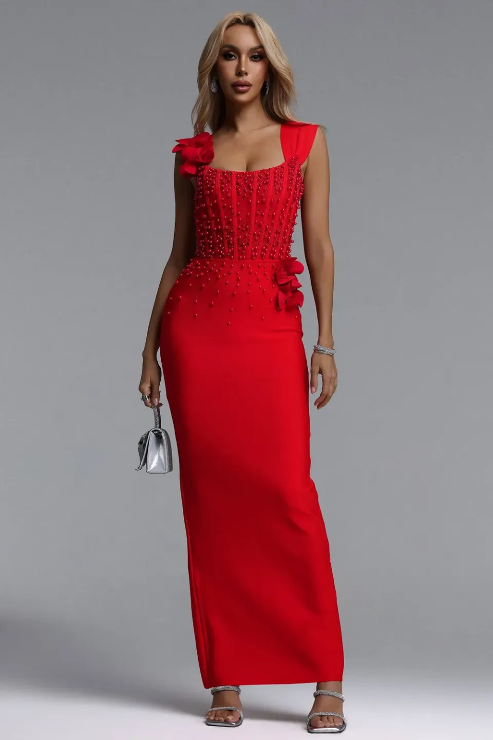 Goddiva Bella Barnett Oria abito maxi rosso scollo quadrato