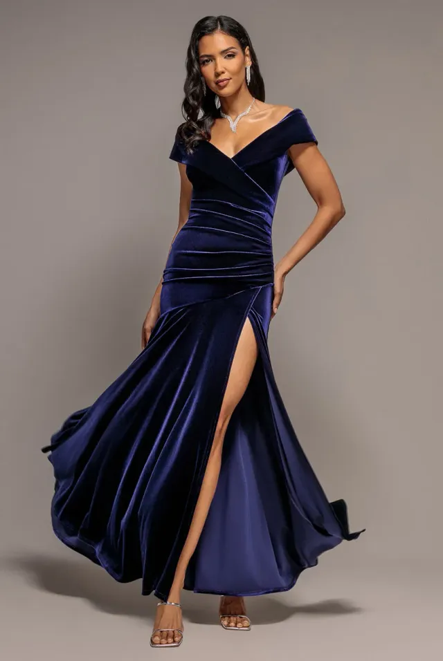 Goddiva Velvet Off Shoulder abito maxi indigo velluto