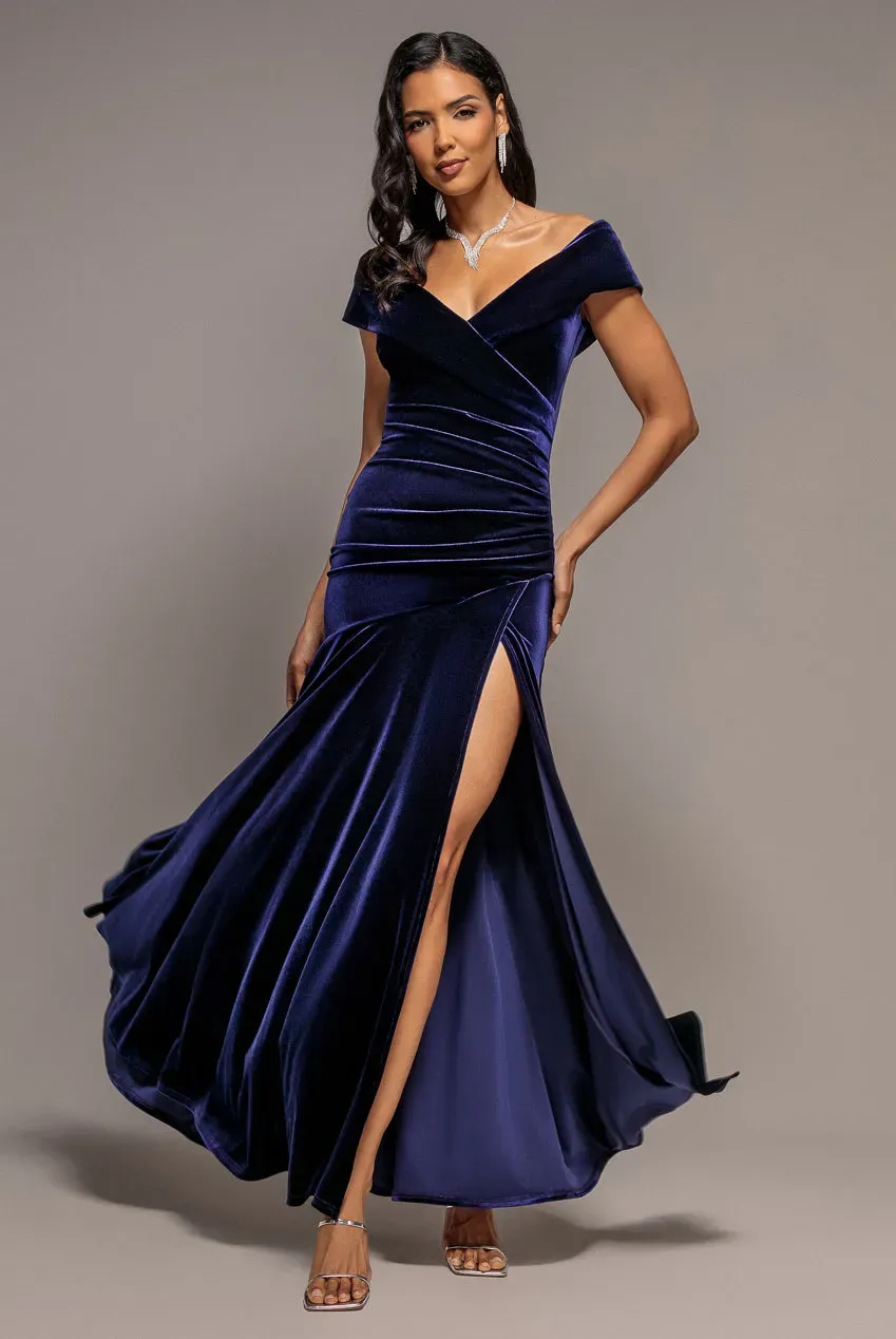 Goddiva Velvet Off Shoulder abito maxi indigo velluto