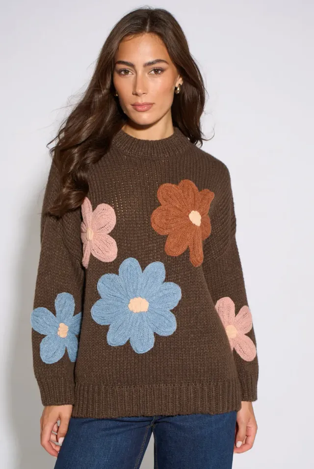 Goddiva Gini London Maglione Dolcevita Marrone floreale