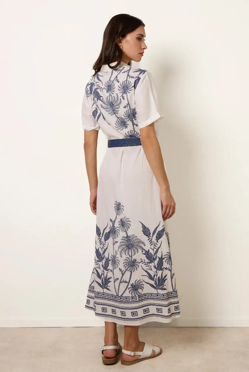 Blue Vanilla Tropical Palm abito midi bianco cotone