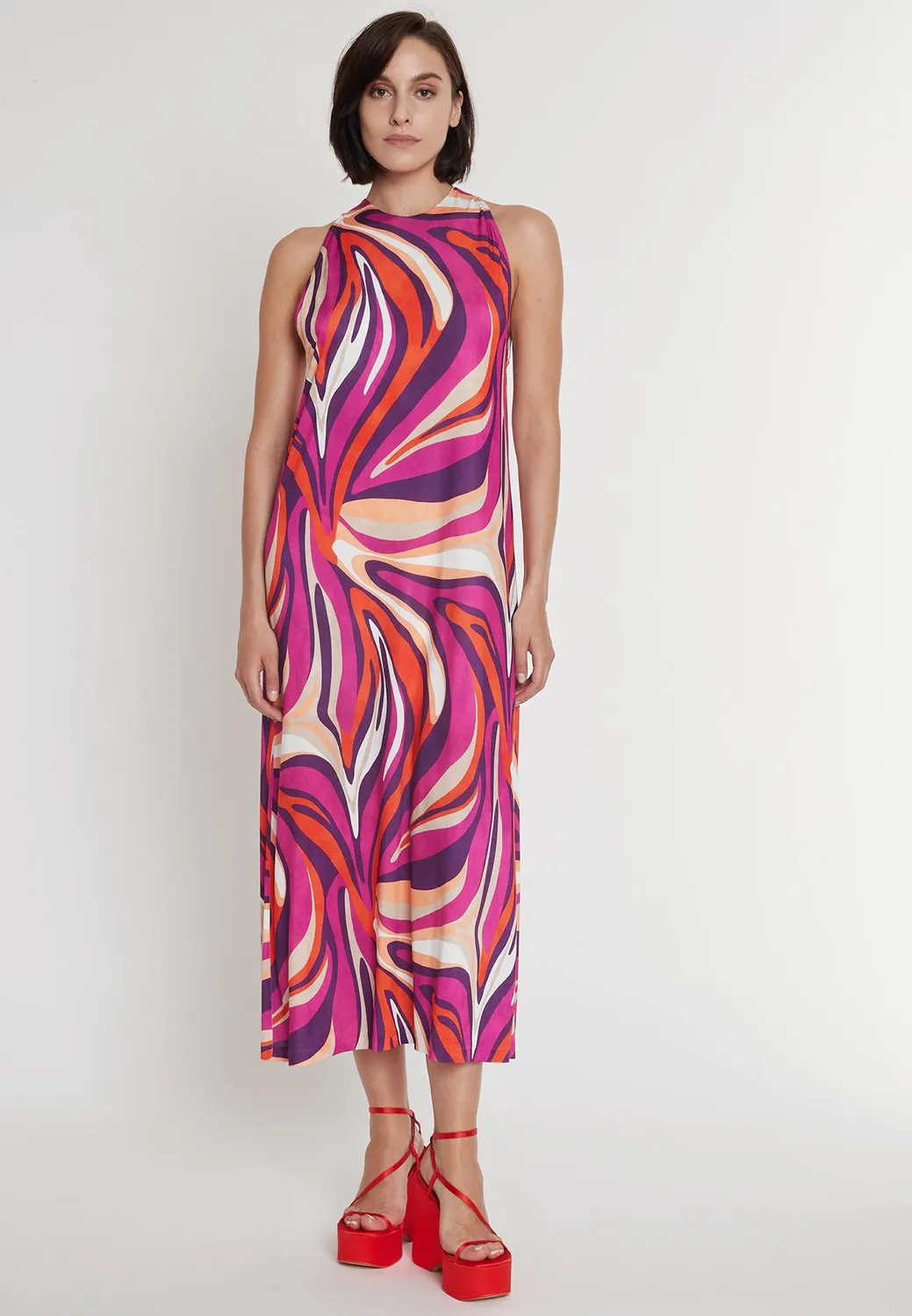 Ana Alcazar Prilea abito midi jersey fucsia fantasia