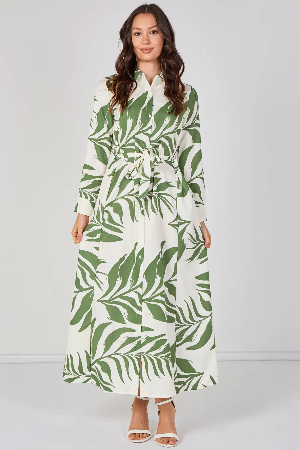 Love Sunshine Green Palm Print abito camicia verde maxi