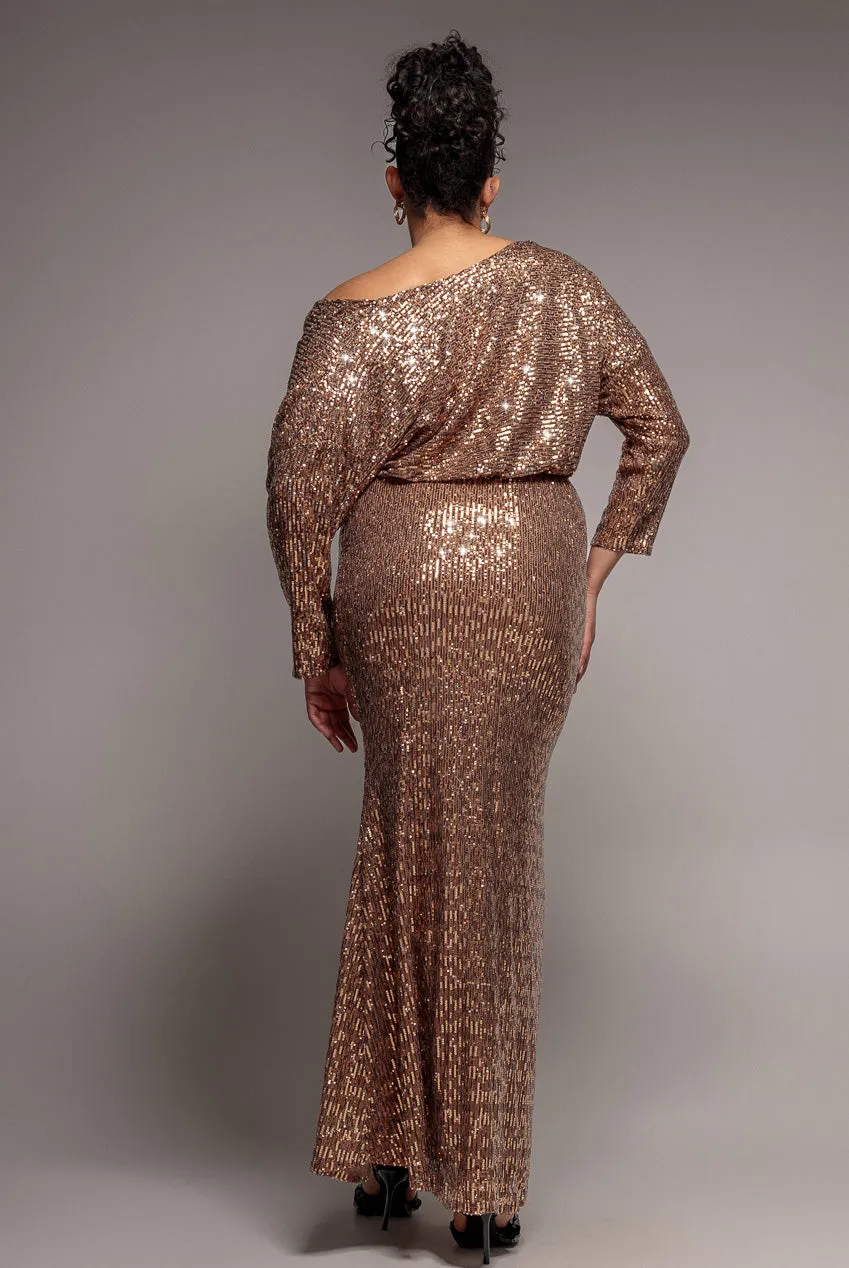 Goddiva Plus Sequin Cowl DR4051 abito maxi bronzo