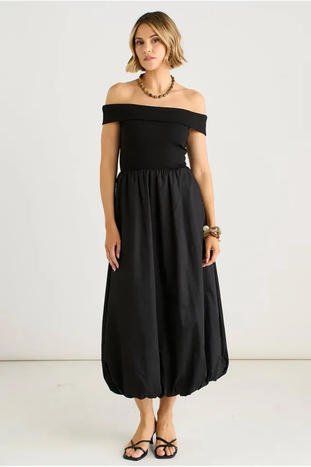 Gini London Black Bardot Jersey Mix abito midi nero