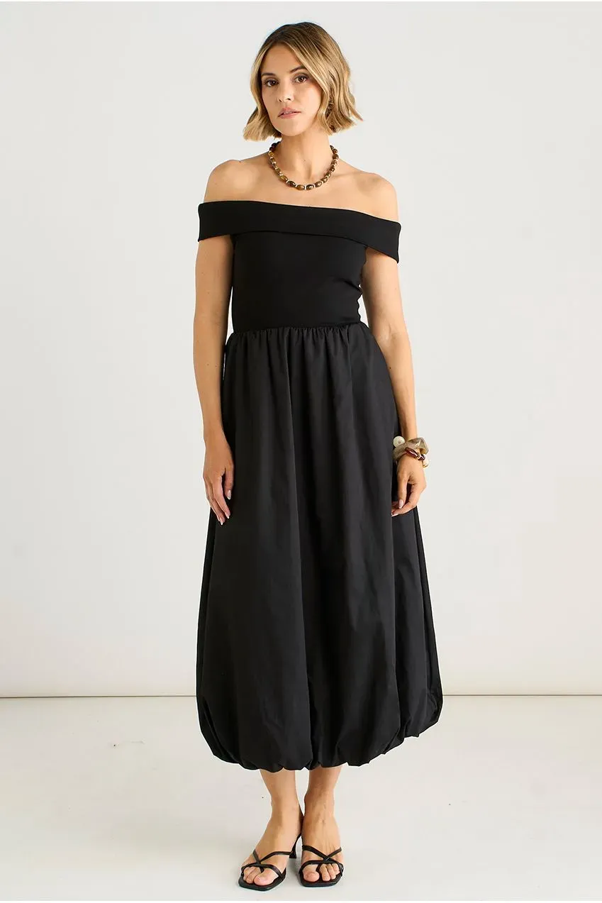 Gini London Black Bardot Jersey Mix abito midi nero