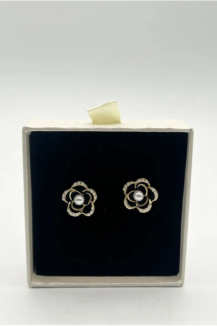 SVNX Black Flower Pearl orecchini oro fiore nero