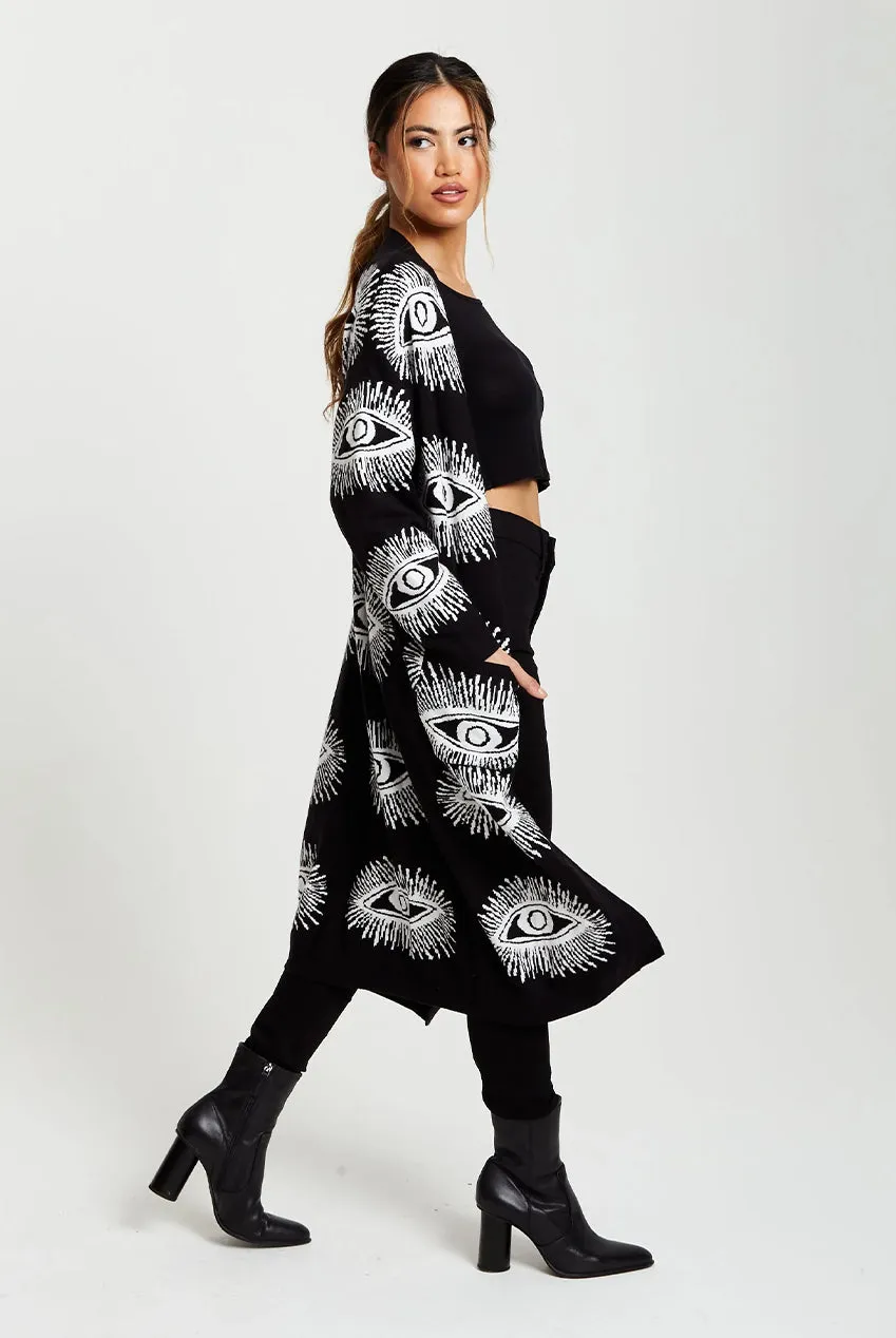 Liquorish Longline Eye Pattern cardigan nero lungo