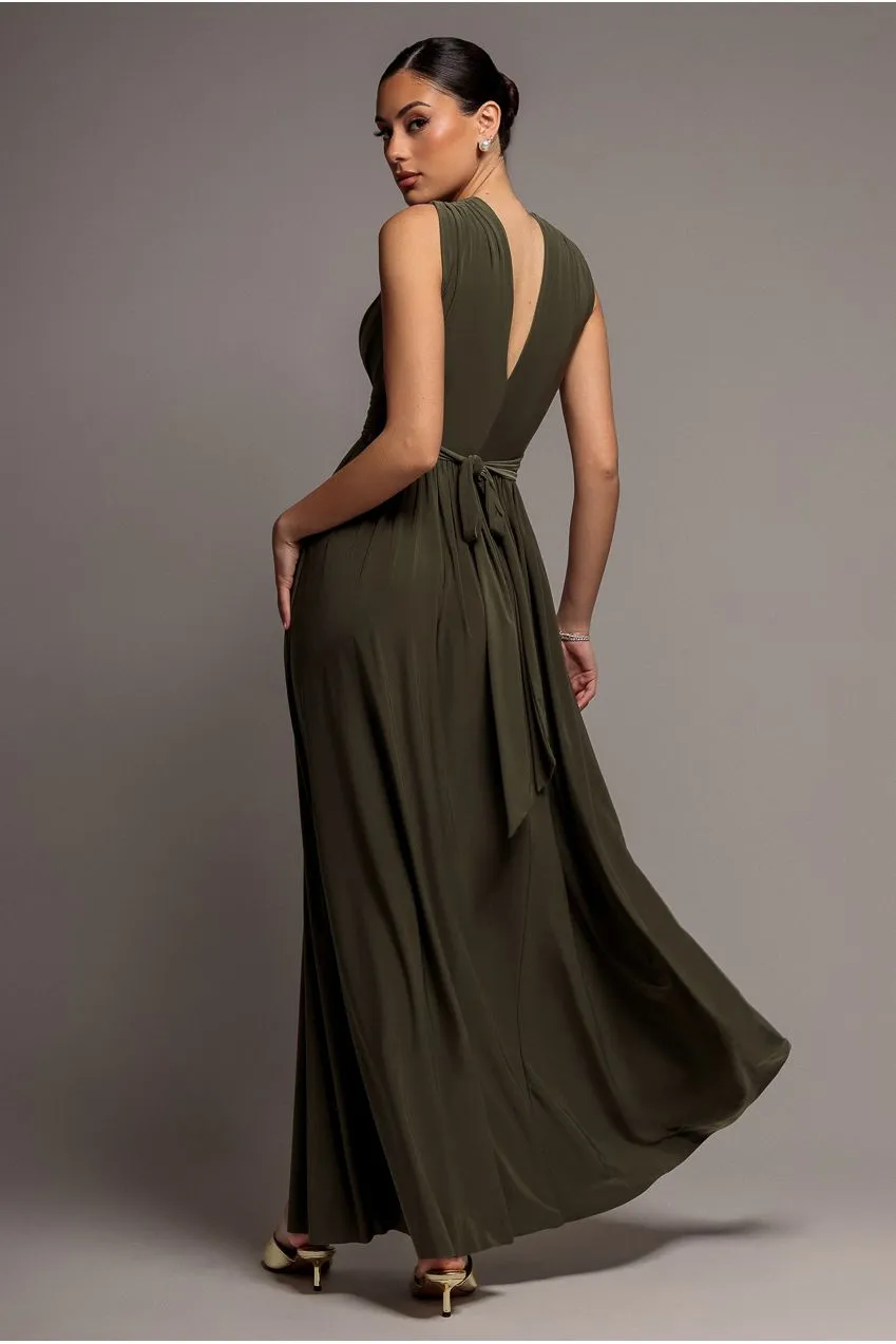 Goddiva Gathered Shoulder Wrap Neck Abito Maxi Kaki