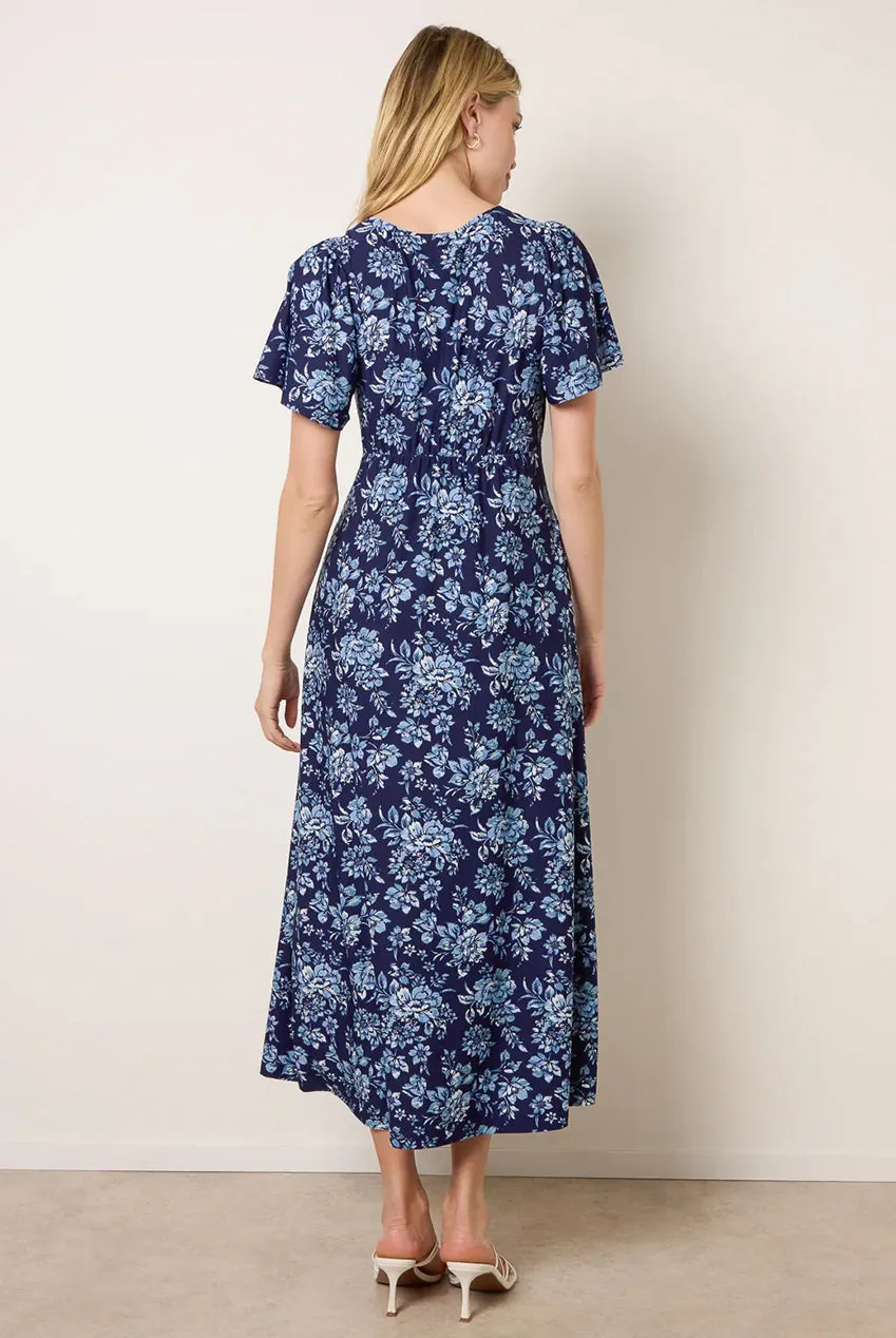 Blue Vanilla Floral Button Through vestito midi blu fiori