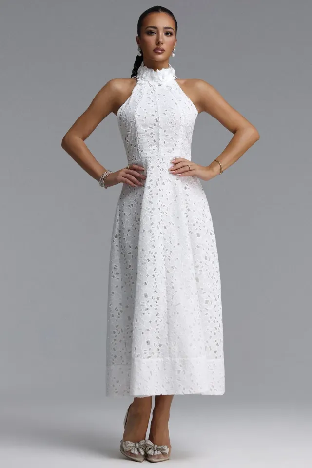 Bella Barnett Nuvola abito midi pizzo bianco halter