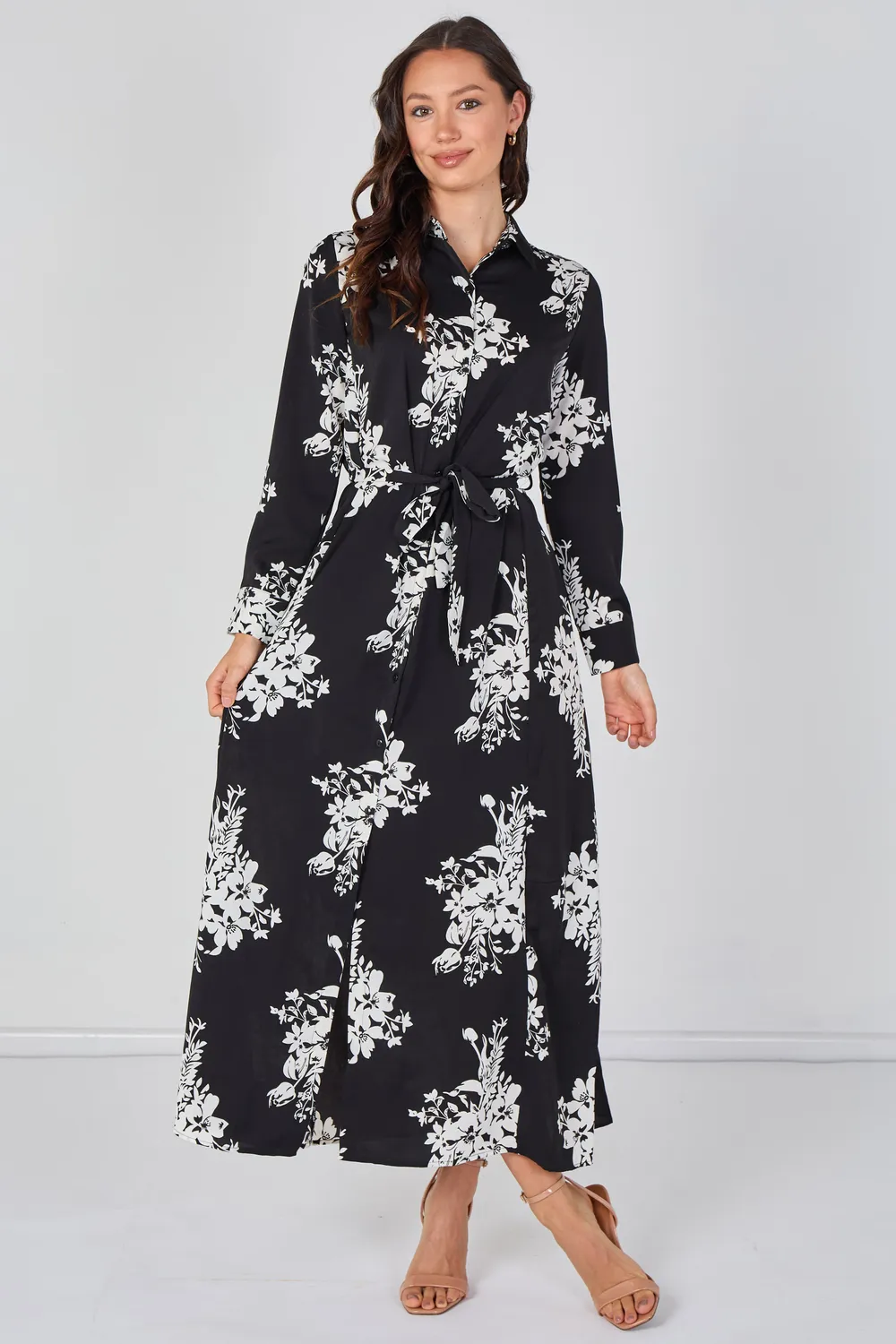 Love Sunshine abito camicia maxi floreale nero bianco L