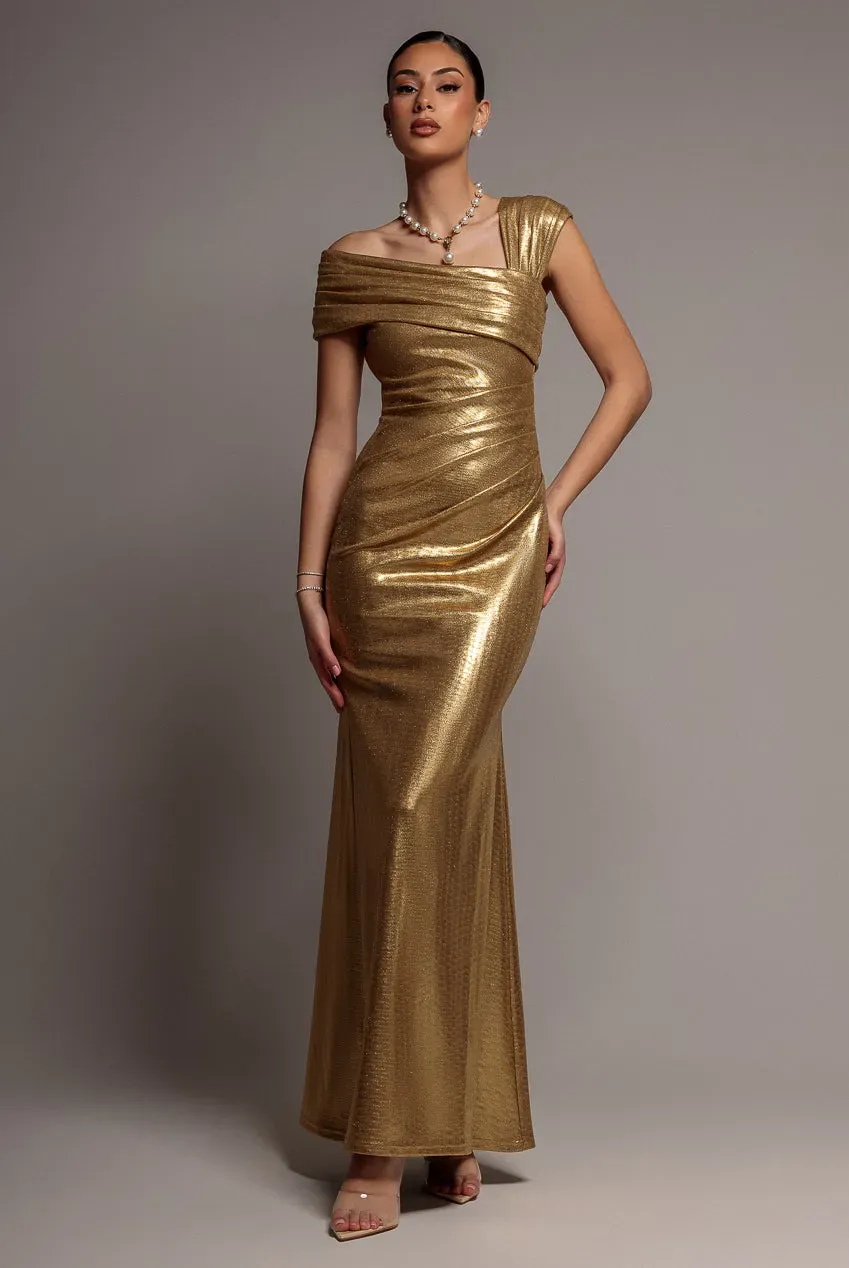 Goddiva One Shoulder Foil Scuba Abito Maxi Oro