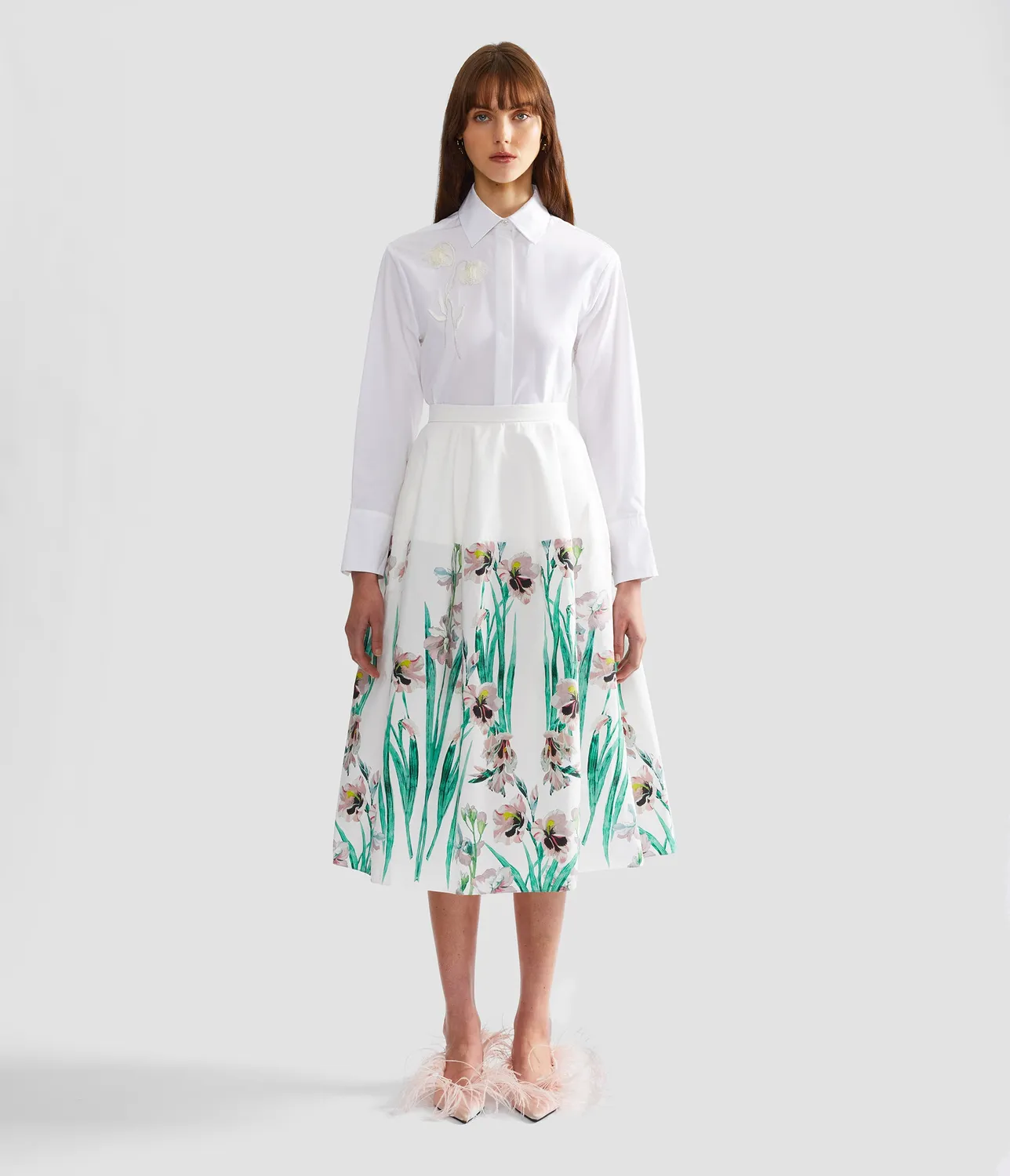 Erdem Floral Cotton gonna midi bianca cotone orchidee