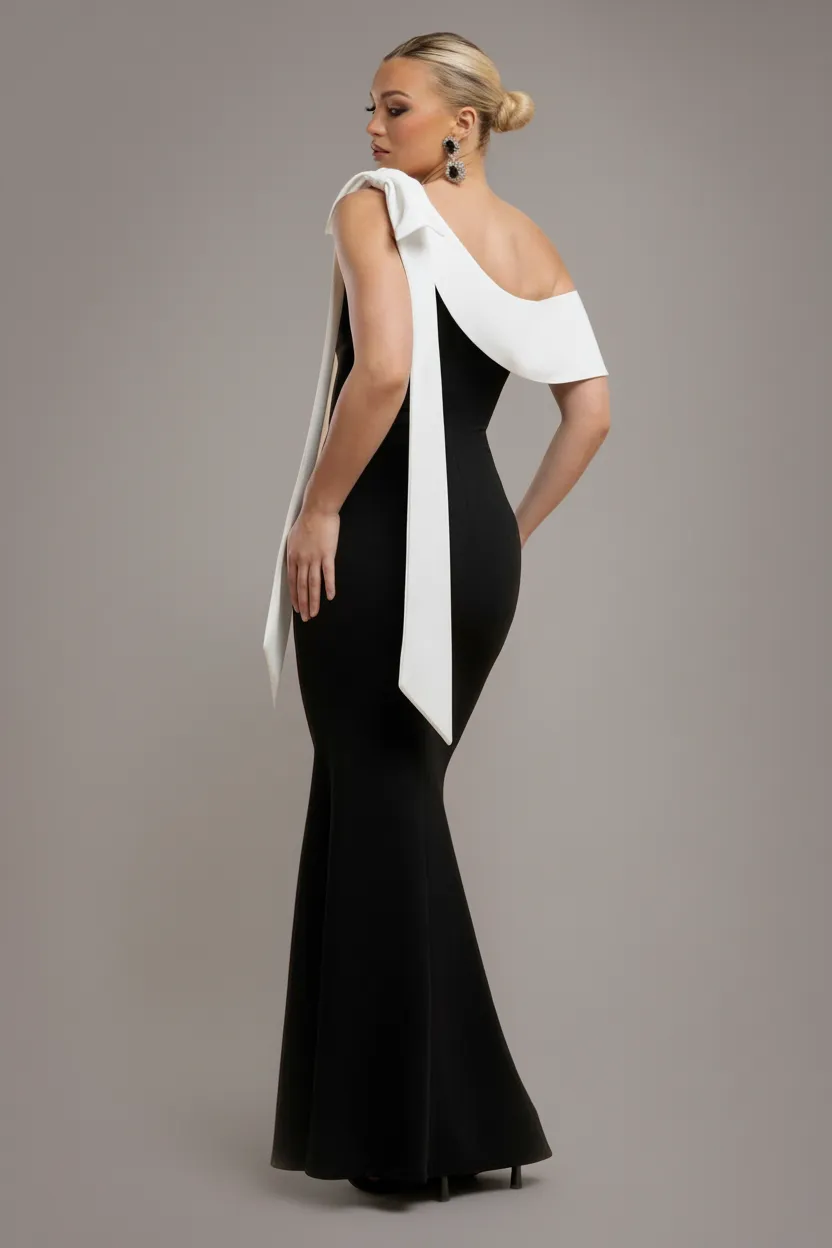 Goddiva One Shoulder abito maxi nero fiocco crema