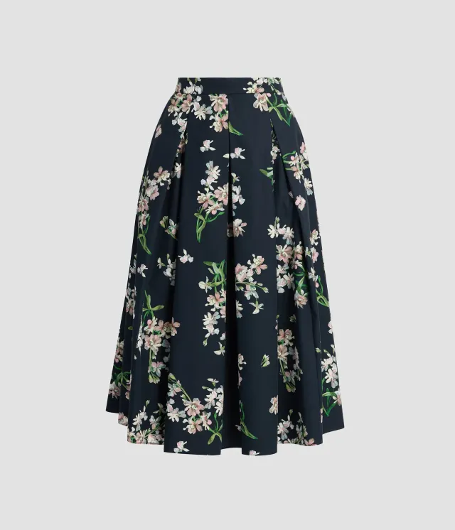 Erdem Floral Cotton gonna midi plissettata navy