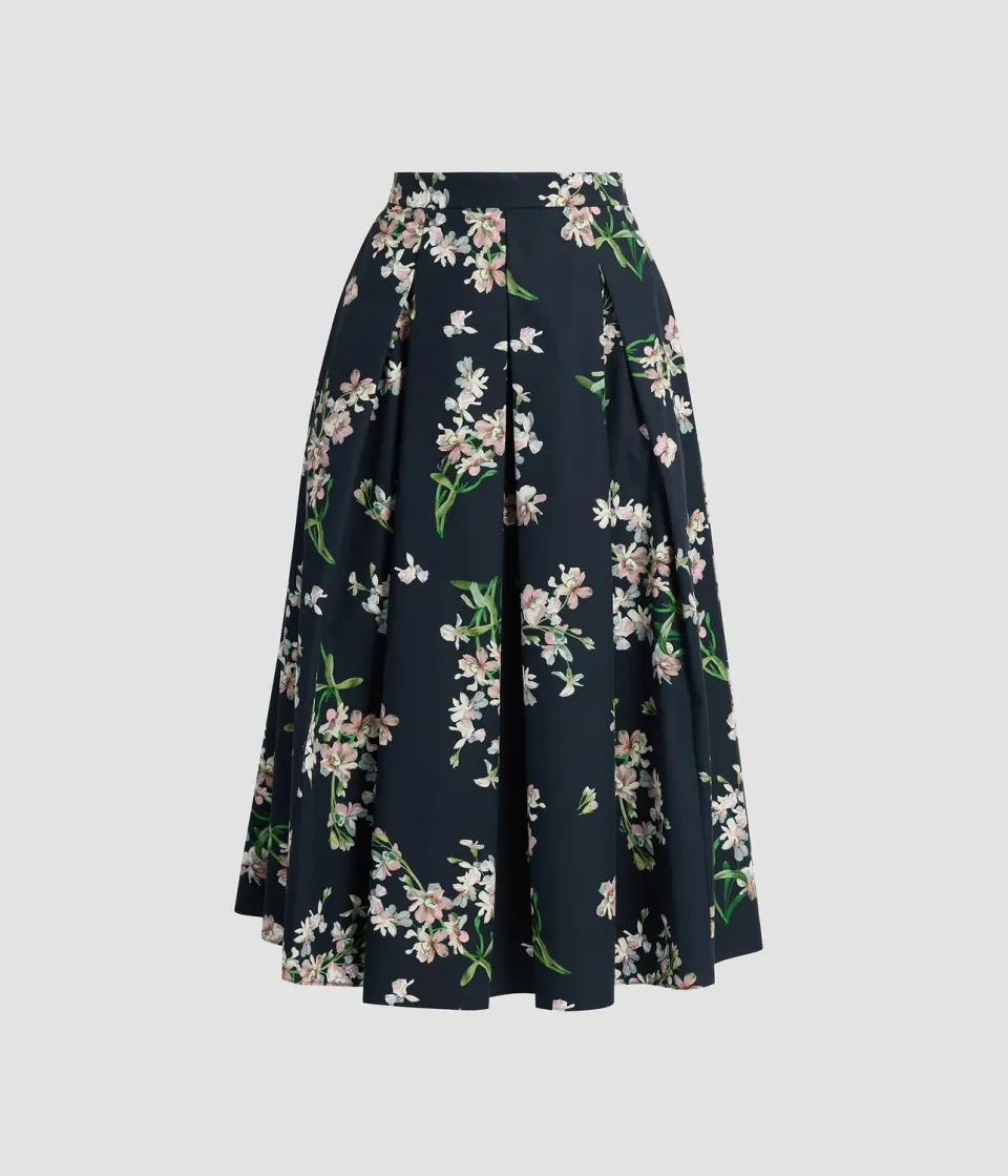 Erdem Floral Cotton gonna midi plissettata navy