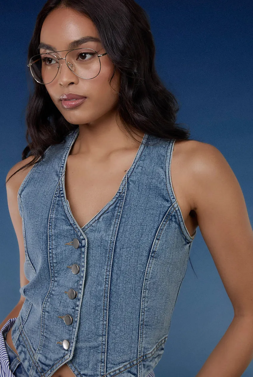Pink Vanilla Denim gilet denim blu bottoni cotone