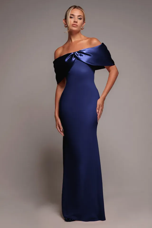 Goddiva abito lungo bardot navy nodo raso scuba