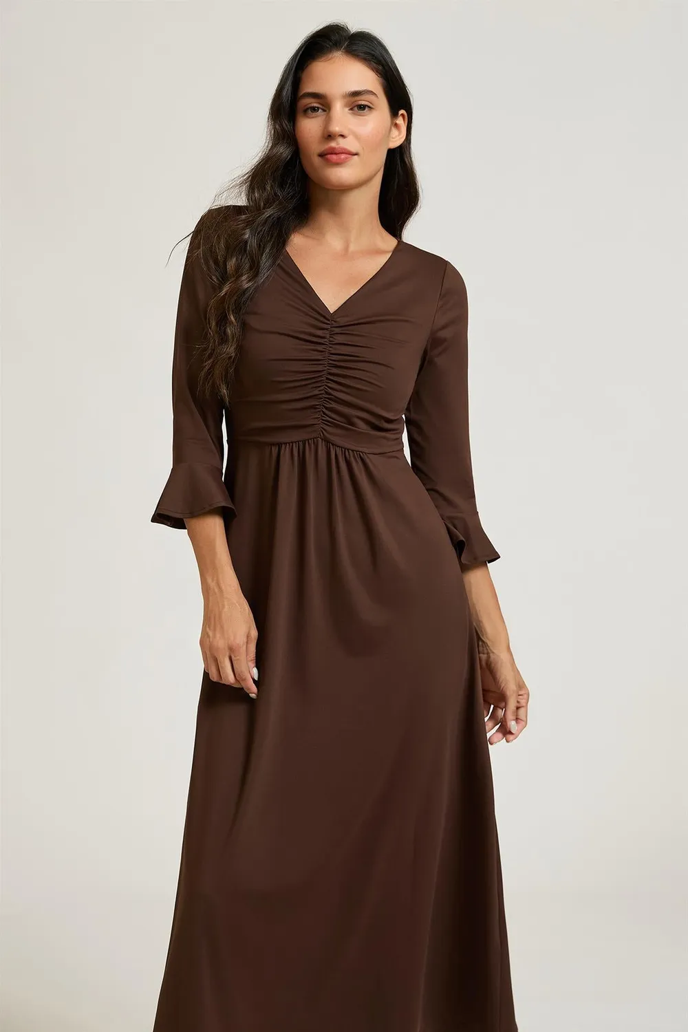 FS Collection Ruched Abito Midi Marrone Jersey Elasticizzato