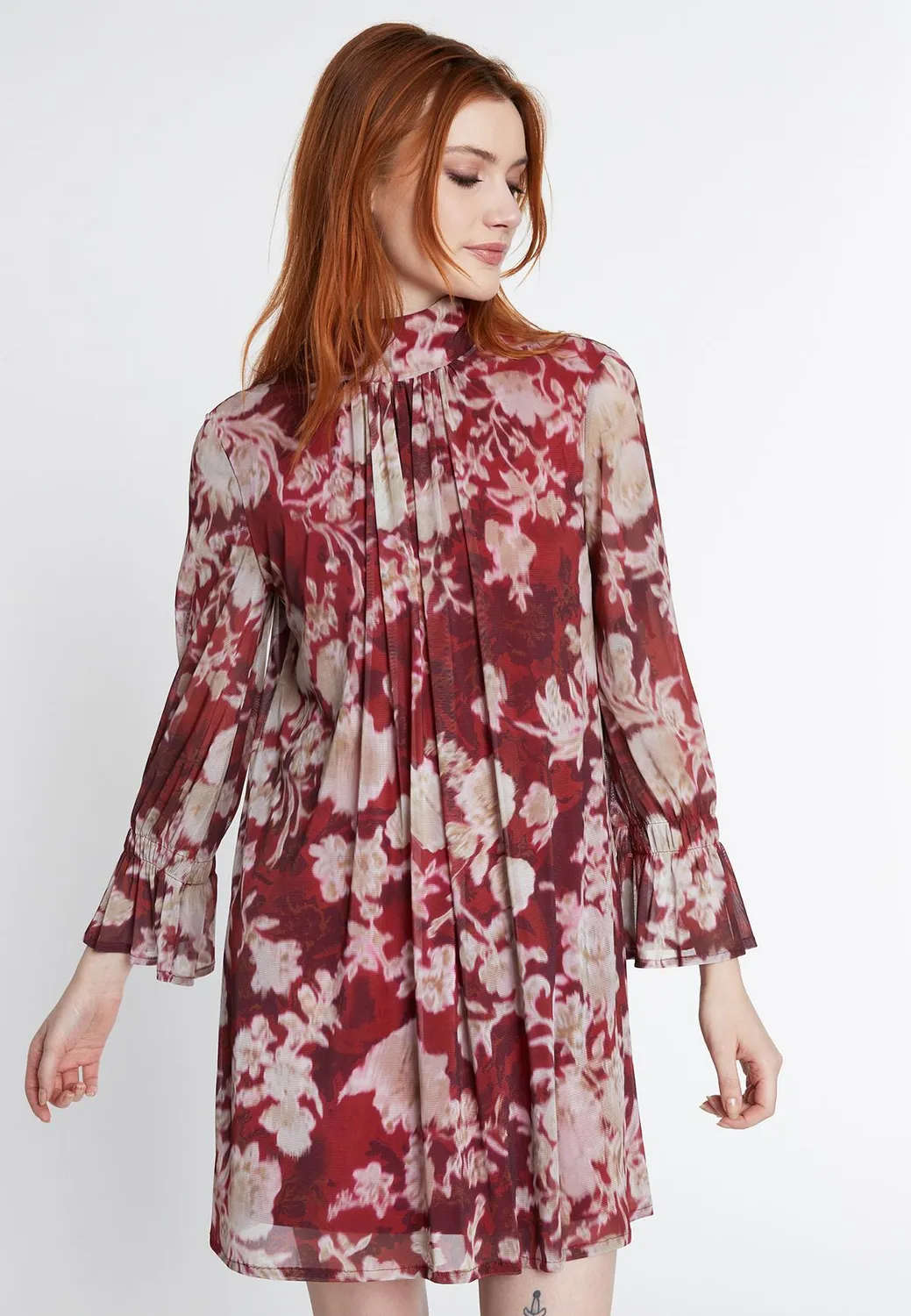Ana Alcazar Suntia abito floreale rosso maniche lunghe