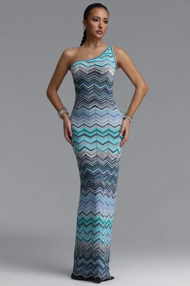 Bella Barnett Resort Abito Maxi Monospalla Blu Stampa Chevron in Maglia