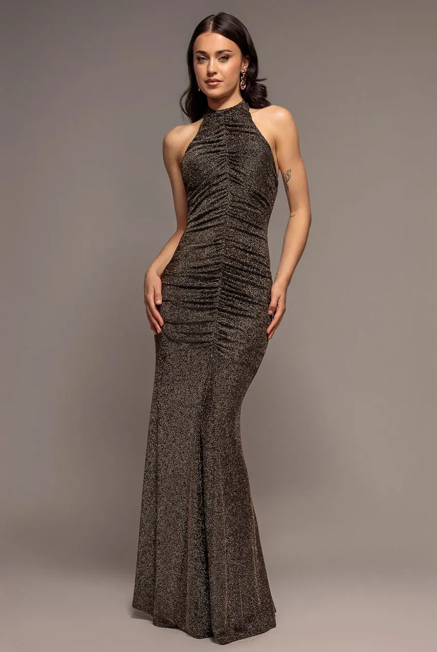 Goddiva Halter Neck Front Gathered Backless Glitter Maxi abito oro