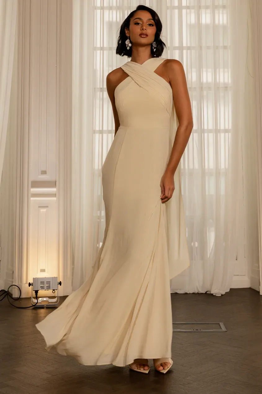 Goddiva Abito Maxi Chiffon Mermaid Giallo Burro Incrocio