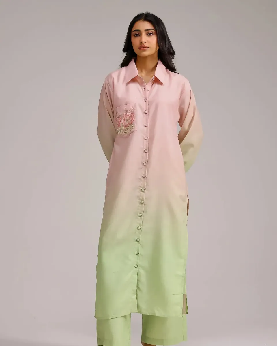 Our Dve Saanjh Blush Bloom kurta lino ombre rosa