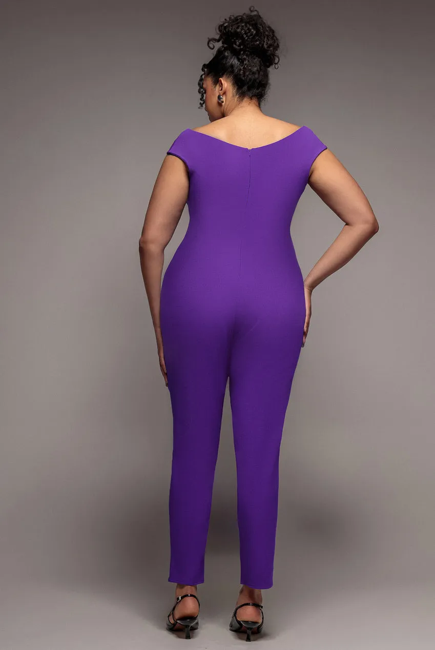 Goddiva Plus Bardot tuta jumpsuit viola scuba curvy