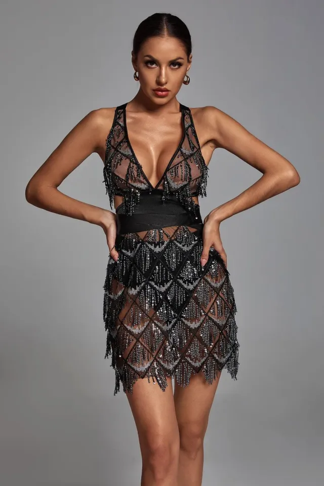 Bella Barnett Louisa abito mini nero paillettes frange