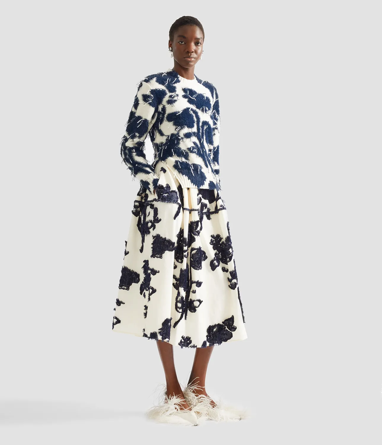 Erdem Textured Floral maglione lana cropped panna blu